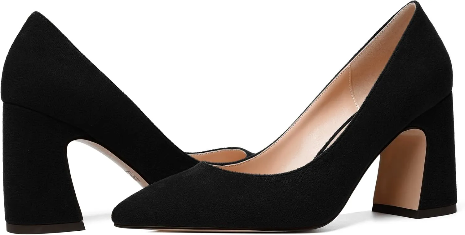 MERRORI Women's High Chunky Heels Block Suede Pointed Toe Office Slip On Dress Heel Pumps Shoes 3.3 Inch