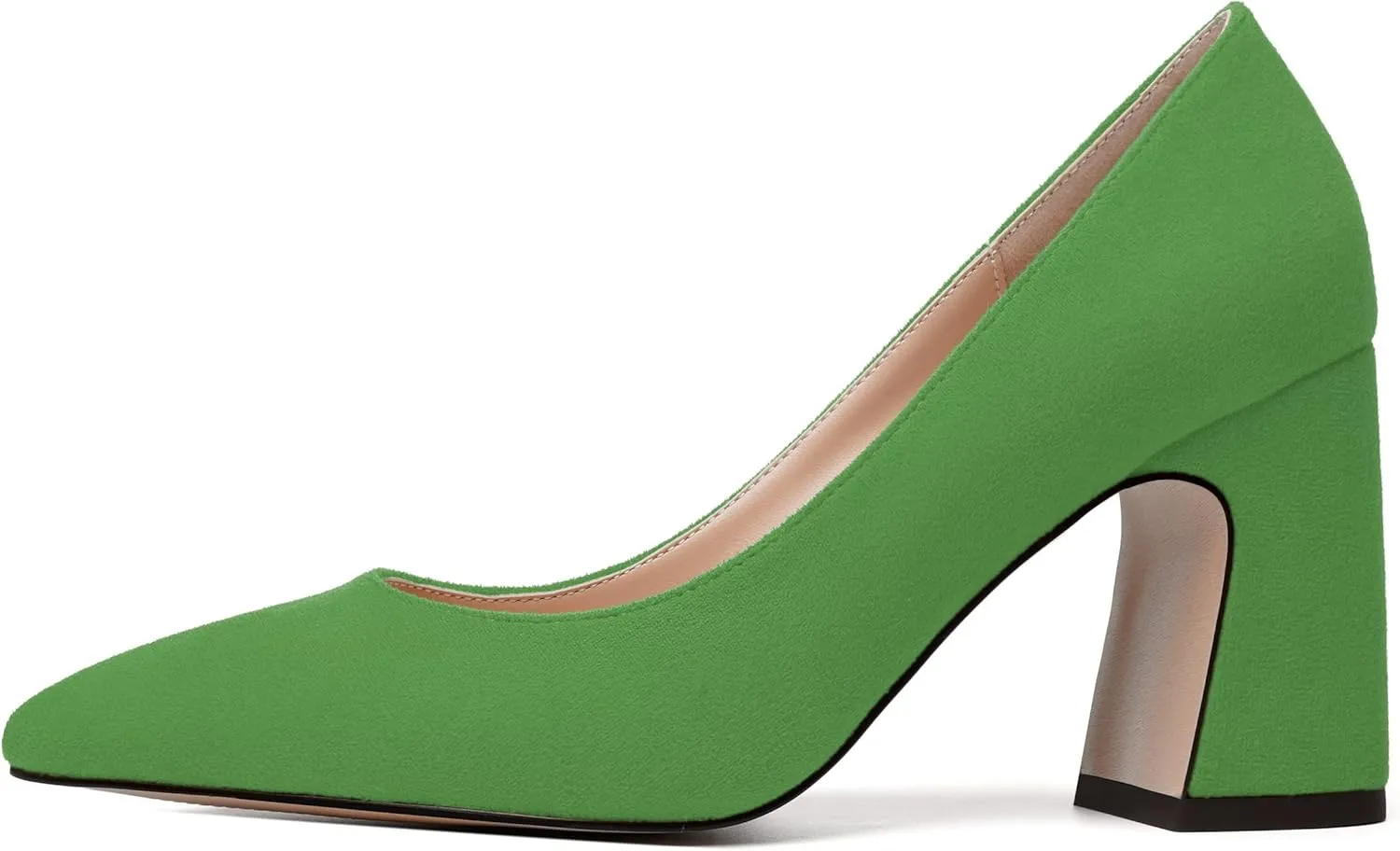 MERRORI Women's High Chunky Heels Block Suede Pointed Toe Office Slip On Dress Heel Pumps Shoes 3.3 Inch