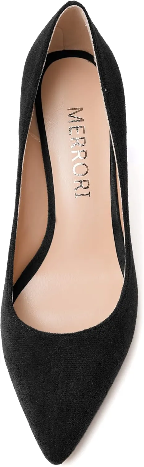 MERRORI Women's High Chunky Heels Block Suede Pointed Toe Office Slip On Dress Heel Pumps Shoes 3.3 Inch