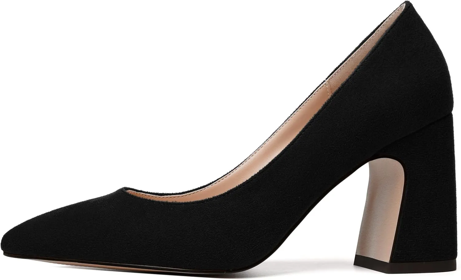 MERRORI Women's High Chunky Heels Block Suede Pointed Toe Office Slip On Dress Heel Pumps Shoes 3.3 Inch