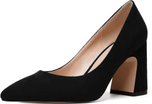 MERRORI Women's High Chunky Heels Block Suede Pointed Toe Office Slip On Dress Heel Pumps Shoes 3.3 Inch