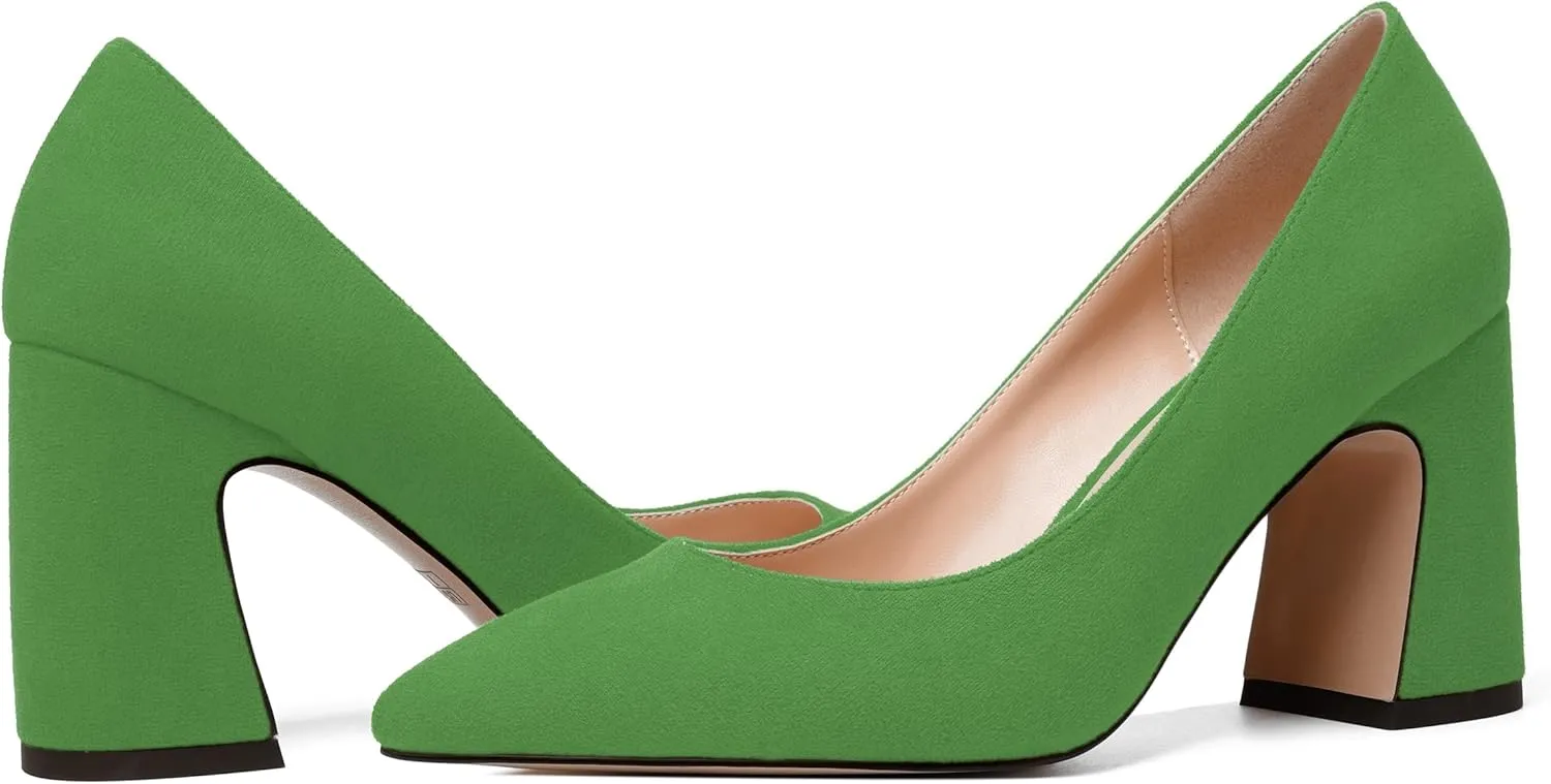 MERRORI Women's High Chunky Heels Block Suede Pointed Toe Office Slip On Dress Heel Pumps Shoes 3.3 Inch