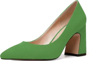 MERRORI Women's High Chunky Heels Block Suede Pointed Toe Office Slip On Dress Heel Pumps Shoes 3.3 Inch