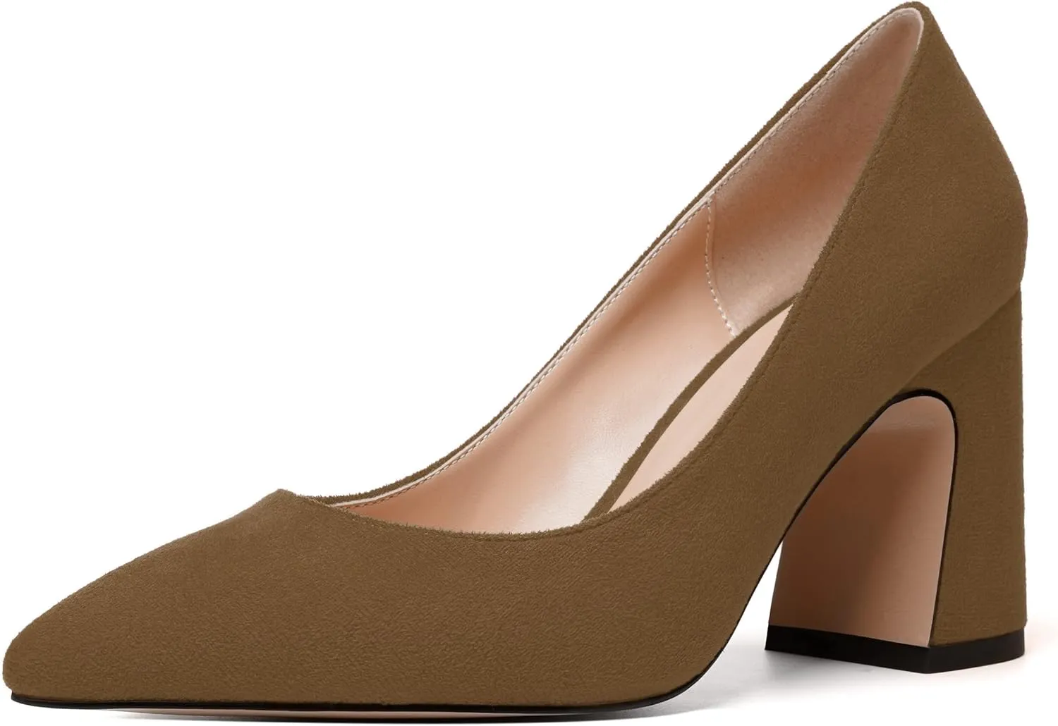 MERRORI Women's High Chunky Heels Block Suede Pointed Toe Office Slip On Dress Heel Pumps Shoes 3.3 Inch