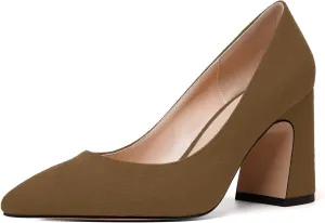 MERRORI Women's High Chunky Heels Block Suede Pointed Toe Office Slip On Dress Heel Pumps Shoes 3.3 Inch
