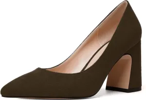 MERRORI Women's High Chunky Heels Block Suede Pointed Toe Office Slip On Dress Heel Pumps Shoes 3.3 Inch