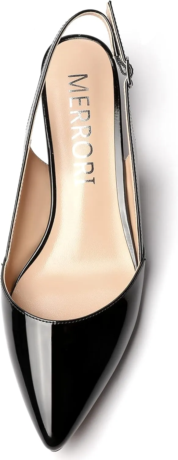 MERRORI Women's Patent Slingback Slip On Solid Pointed Toe Kitten Low Heel Pumps Shoes 1.5 Inch