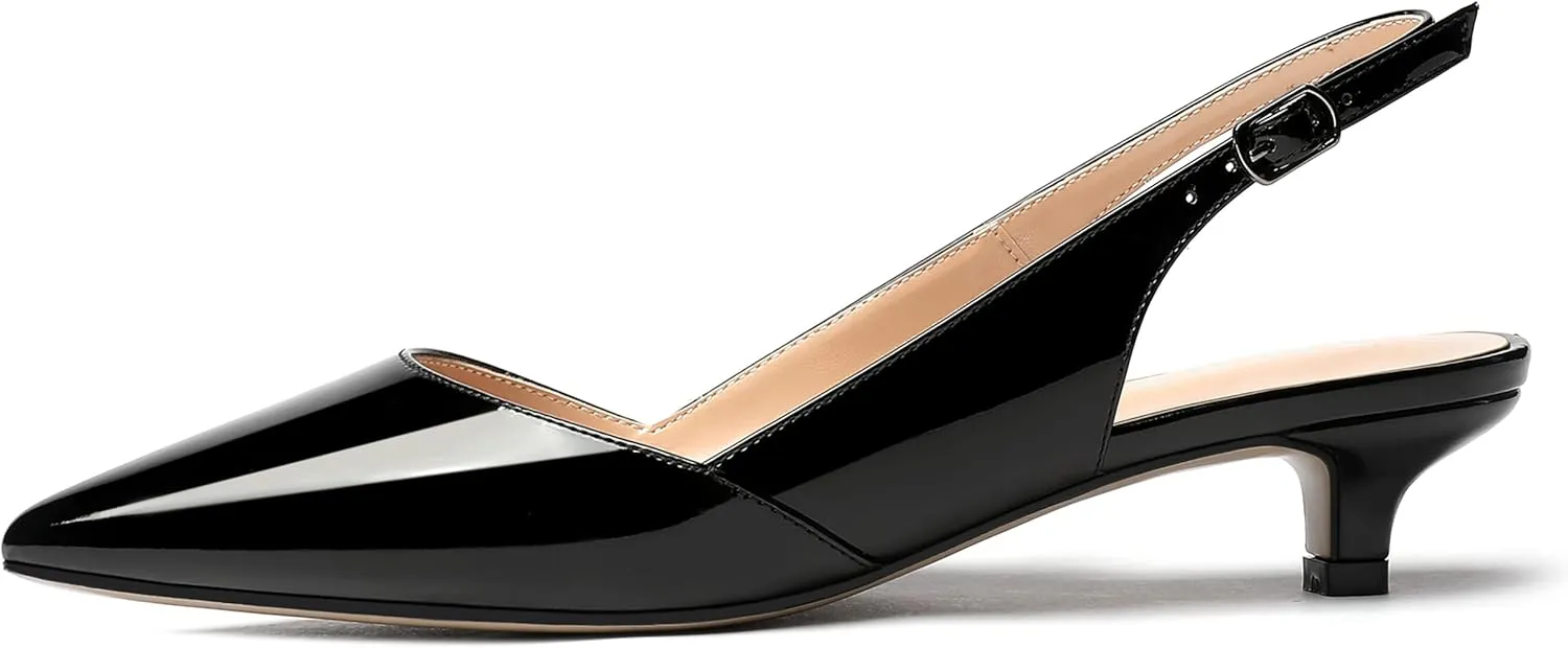 MERRORI Women's Patent Slingback Slip On Solid Pointed Toe Kitten Low Heel Pumps Shoes 1.5 Inch
