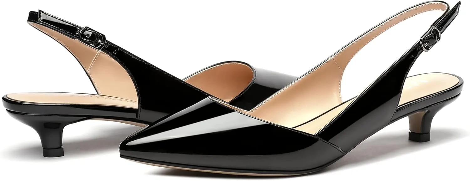 MERRORI Women's Patent Slingback Slip On Solid Pointed Toe Kitten Low Heel Pumps Shoes 1.5 Inch
