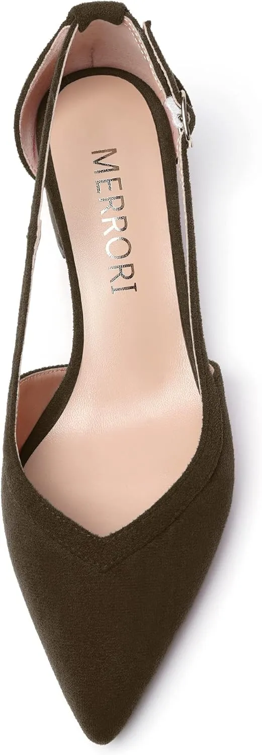 MERRORI Womens Pointed Toe Dress Heels Casual Slip On Suede Office Block Low Heel Pumps Shoes 2 Inch