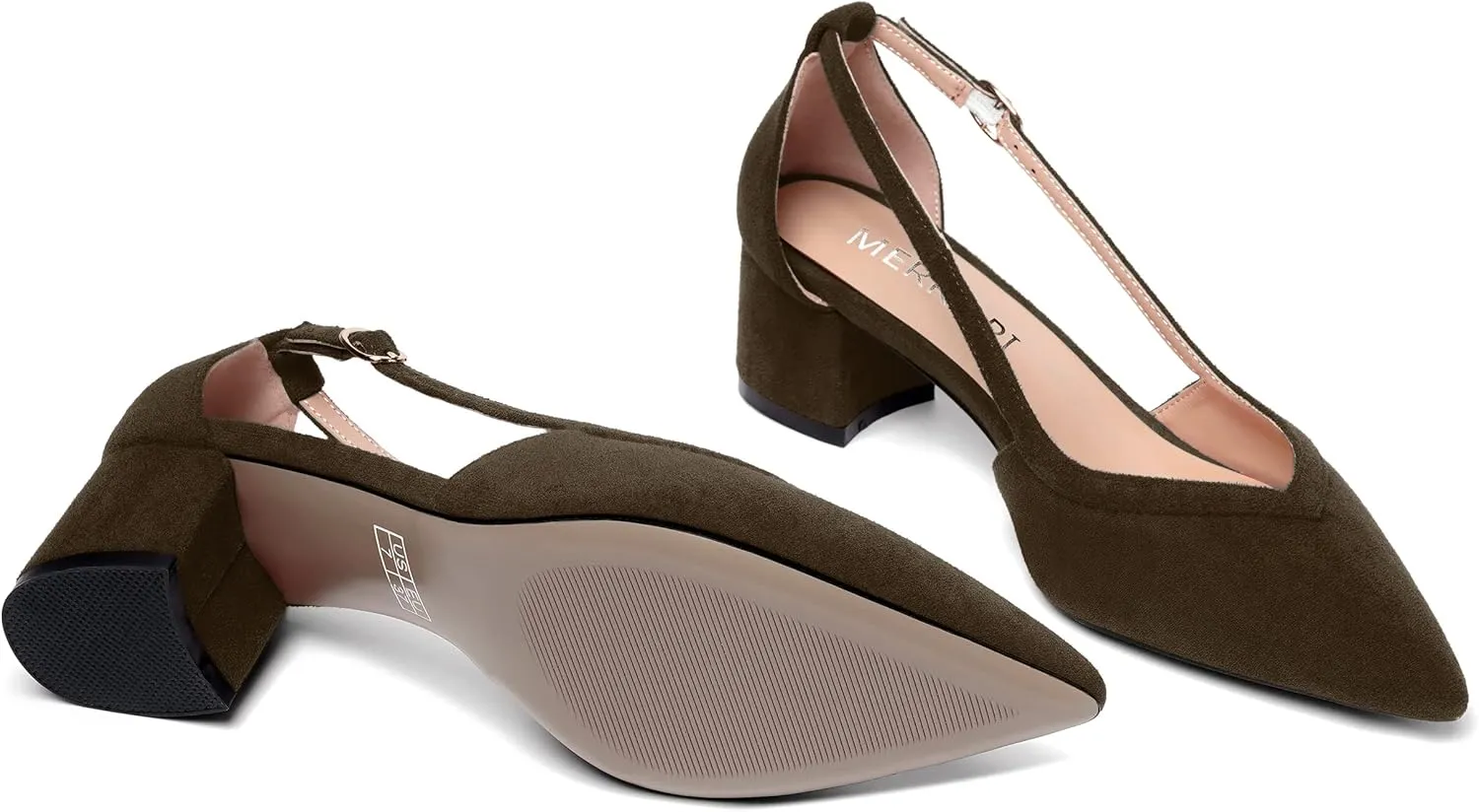 MERRORI Womens Pointed Toe Dress Heels Casual Slip On Suede Office Block Low Heel Pumps Shoes 2 Inch