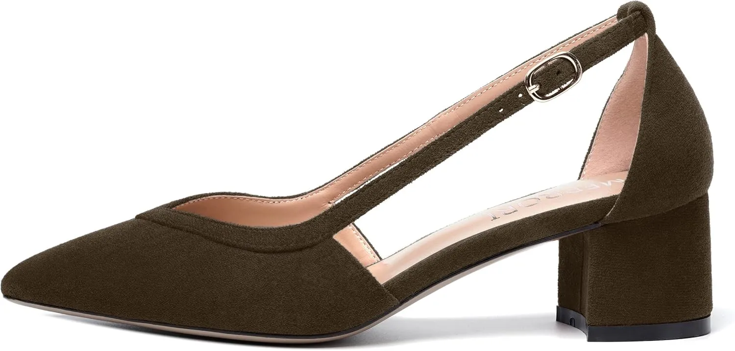 MERRORI Womens Pointed Toe Dress Heels Casual Slip On Suede Office Block Low Heel Pumps Shoes 2 Inch