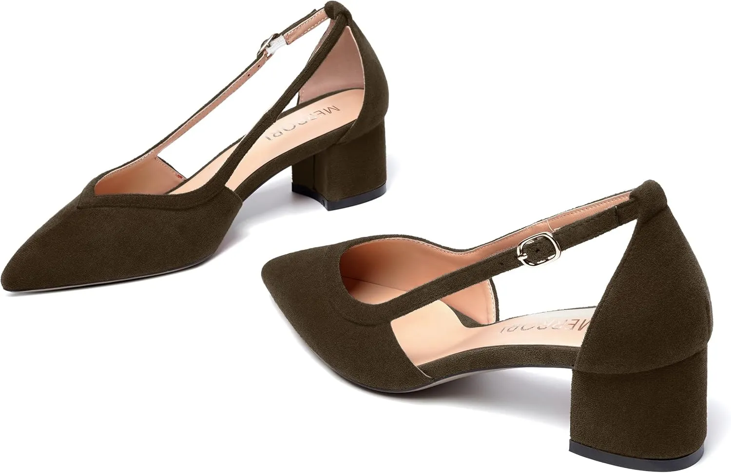 MERRORI Womens Pointed Toe Dress Heels Casual Slip On Suede Office Block Low Heel Pumps Shoes 2 Inch