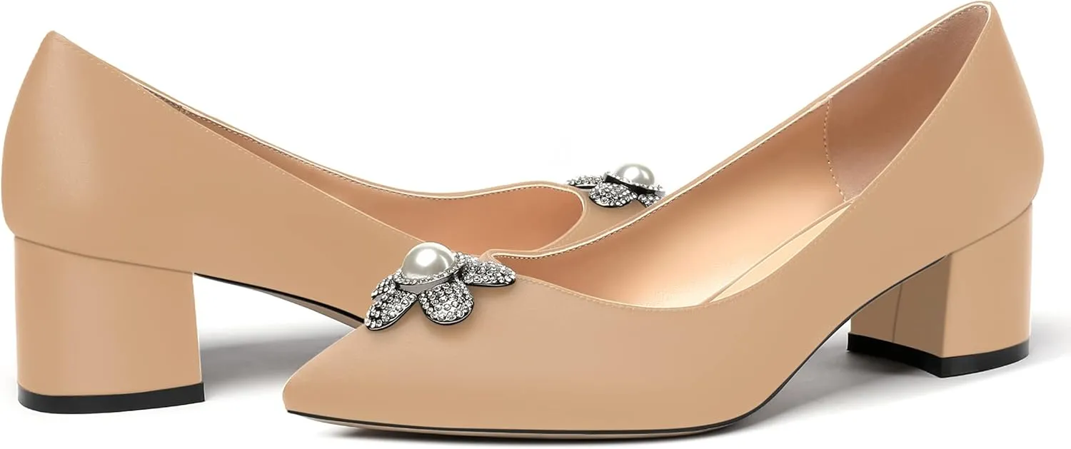 MERRORI Womens Simple Casual Slip On Solid Satin Pointed Toe Chunky Low Heel Pumps Shoes 1.5 Inch