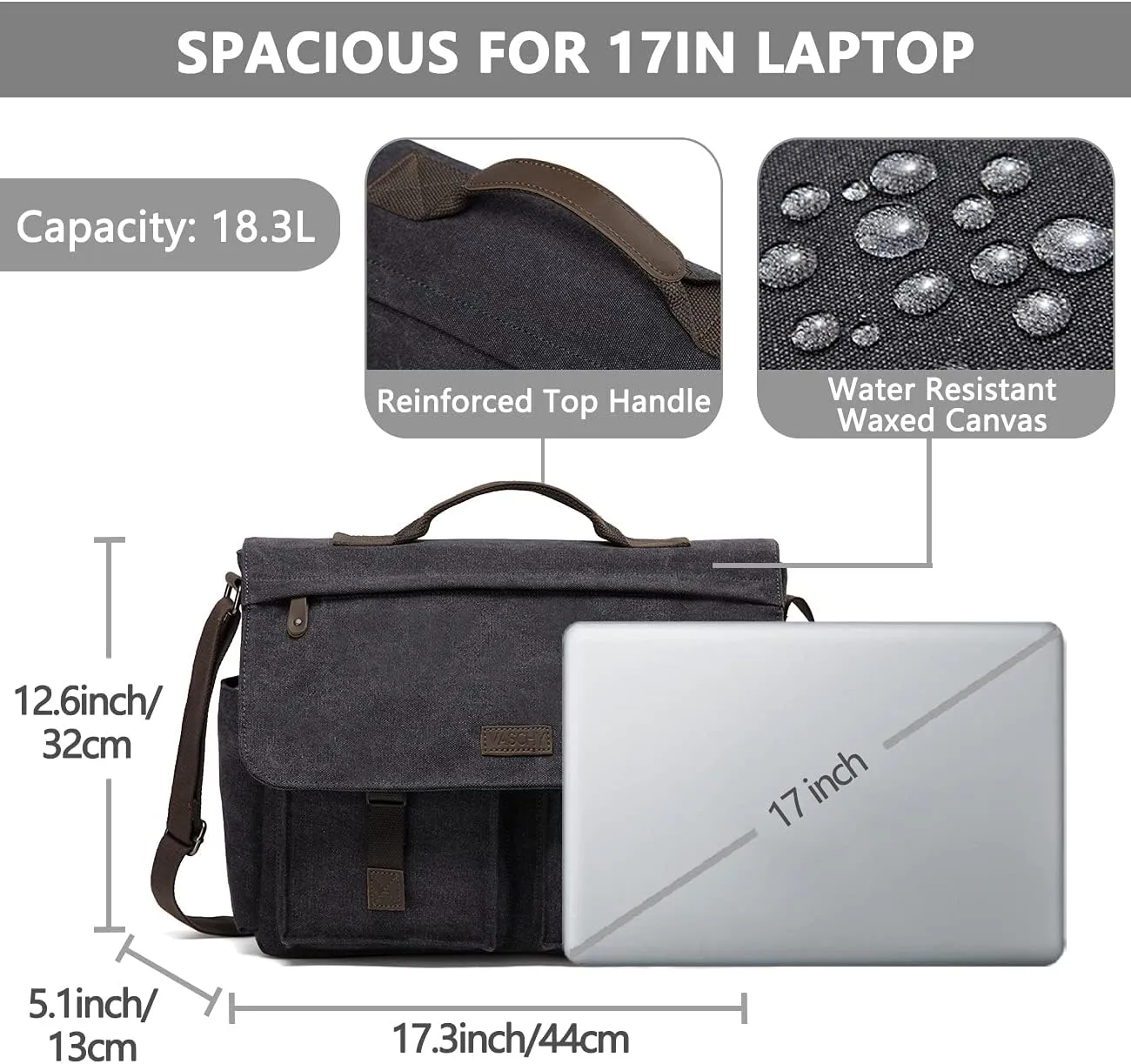 Messenger Bag for Men,VASCHY Vintage Water Resistant Canvas Satchel 14 15.6 17inch Laptop Briefcase