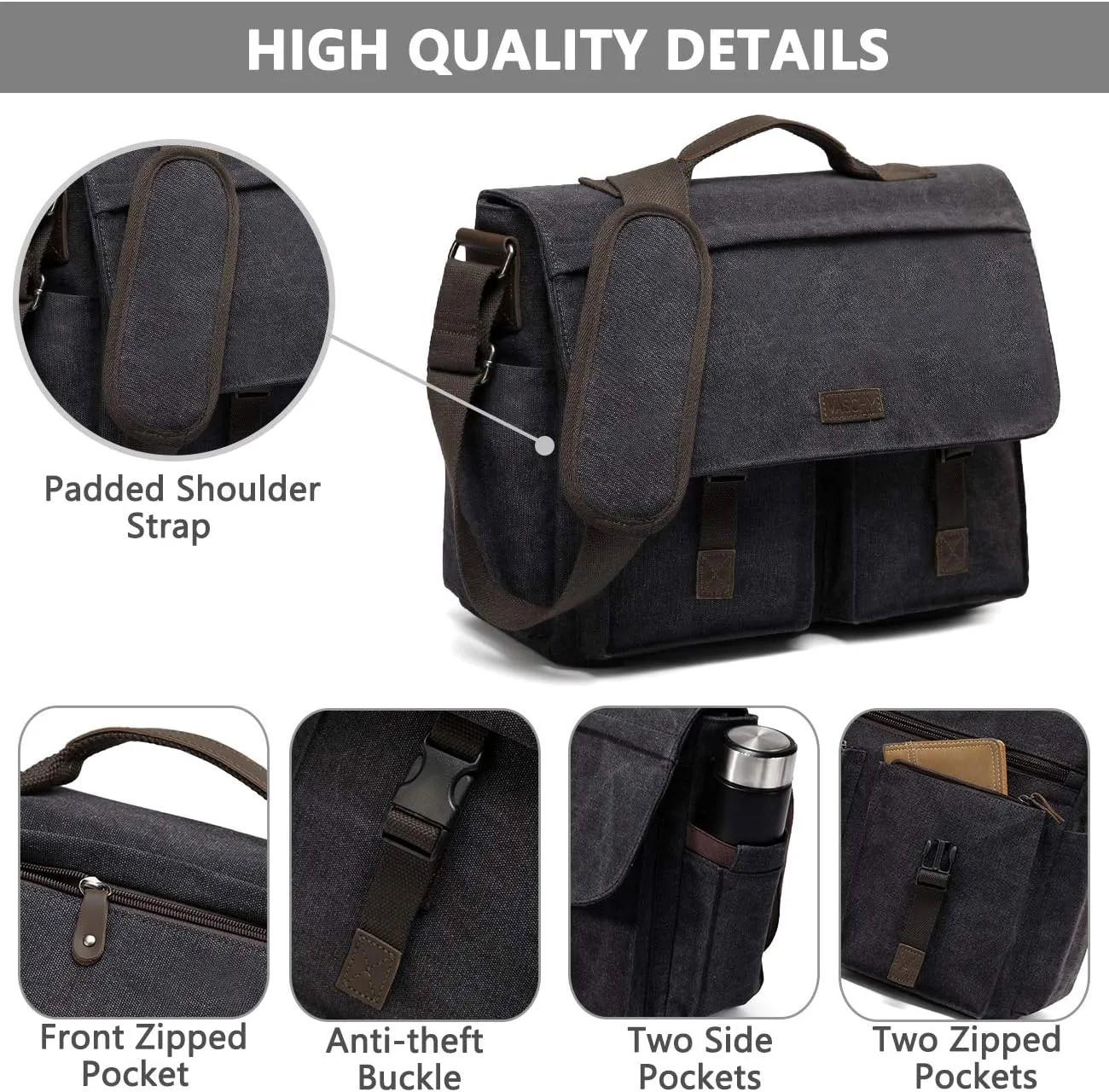 Messenger Bag for Men,VASCHY Vintage Water Resistant Canvas Satchel 14 15.6 17inch Laptop Briefcase