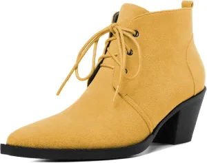 Mettesally Womens Lace Up Ankle Boots Pointed Toe Mid Chunky Heels Slip On Winter Short Booties Shoes