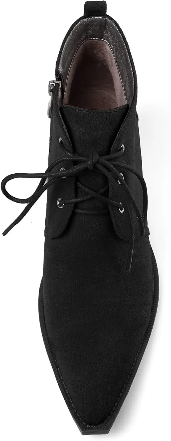 Mettesally Womens Lace Up Ankle Boots Pointed Toe Mid Chunky Heels Slip On Winter Short Booties Shoes