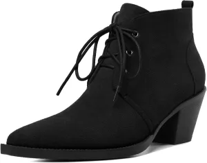 Mettesally Womens Lace Up Ankle Boots Pointed Toe Mid Chunky Heels Slip On Winter Short Booties Shoes