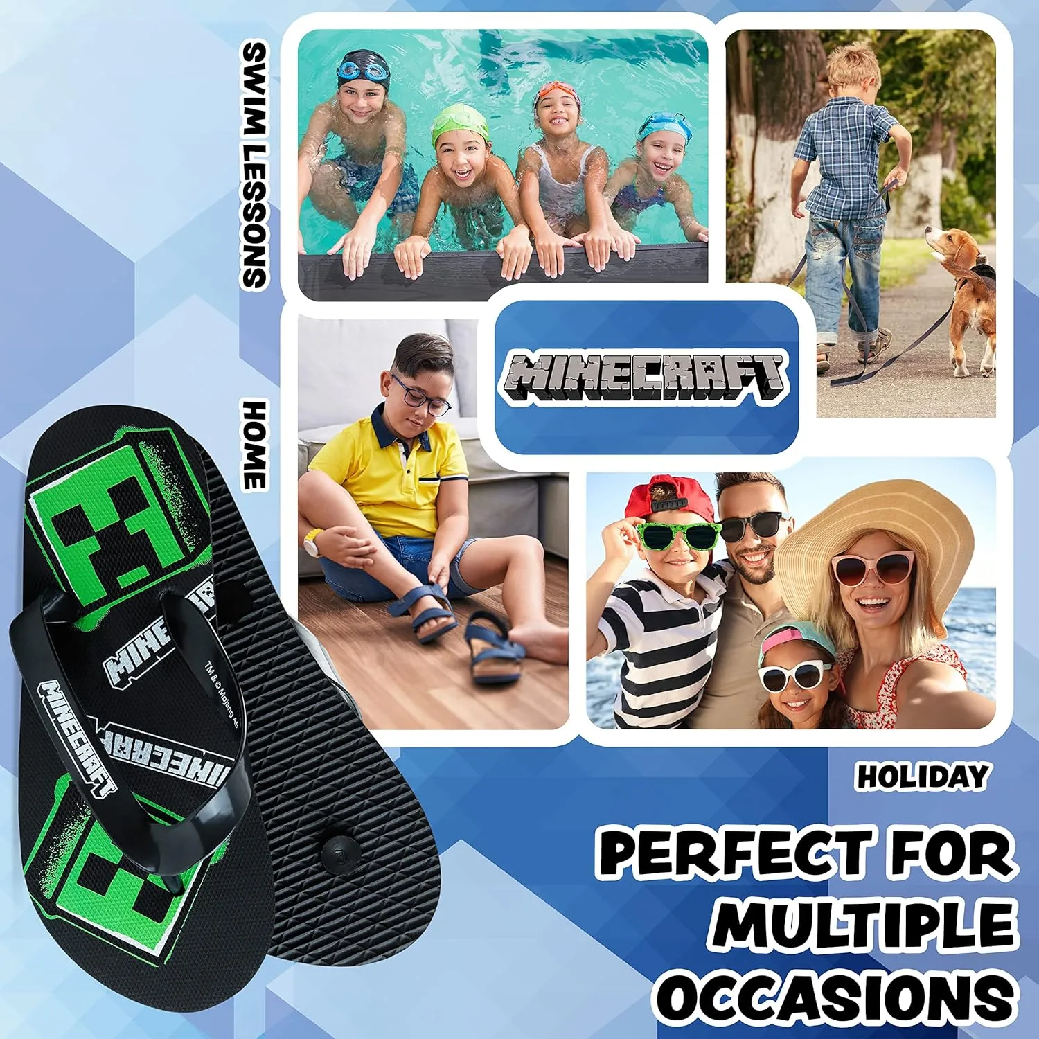 Minecraft Boys Sliders or Flip Flops for Beach and Pool - Boys Gifts