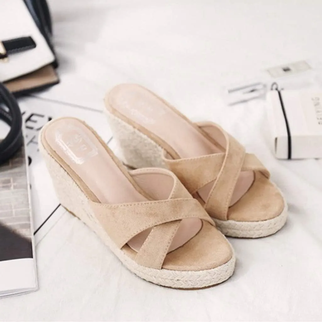MIOKE Women's Espadrille Wedge Sandals Crisscross Open Toe Suede Slip On Casual Chunky Platform Sandal