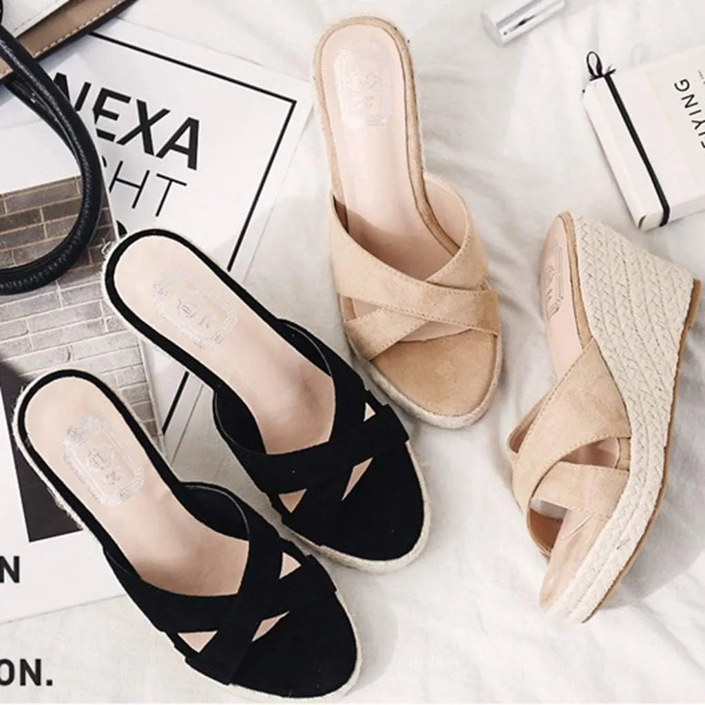 MIOKE Women's Espadrille Wedge Sandals Crisscross Open Toe Suede Slip On Casual Chunky Platform Sandal