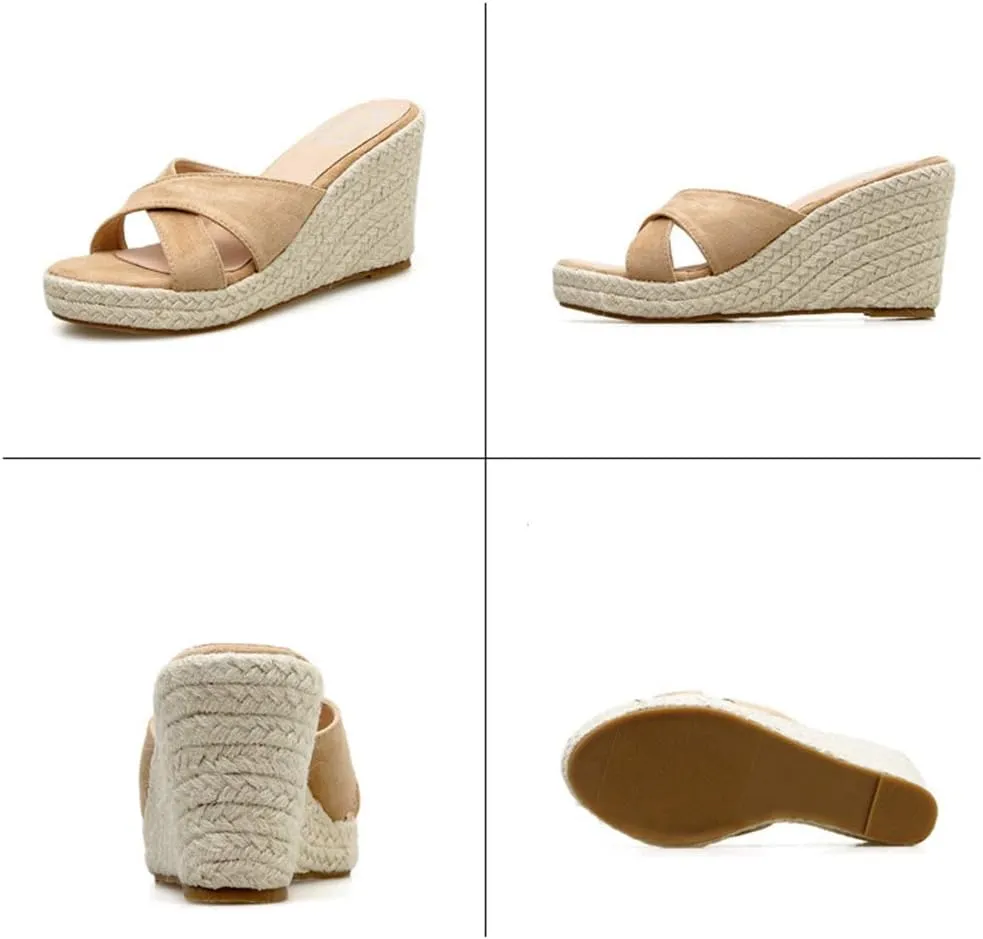 MIOKE Women's Espadrille Wedge Sandals Crisscross Open Toe Suede Slip On Casual Chunky Platform Sandal
