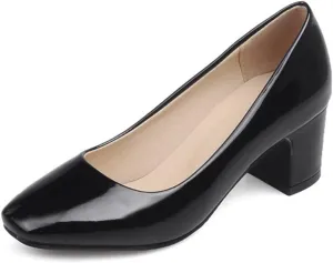 MIOKE Women's Square Toe Slip-On Pump Loafers Bow Tie Comfy Chunky Mid Heel Casual Work Office Dress Shoes