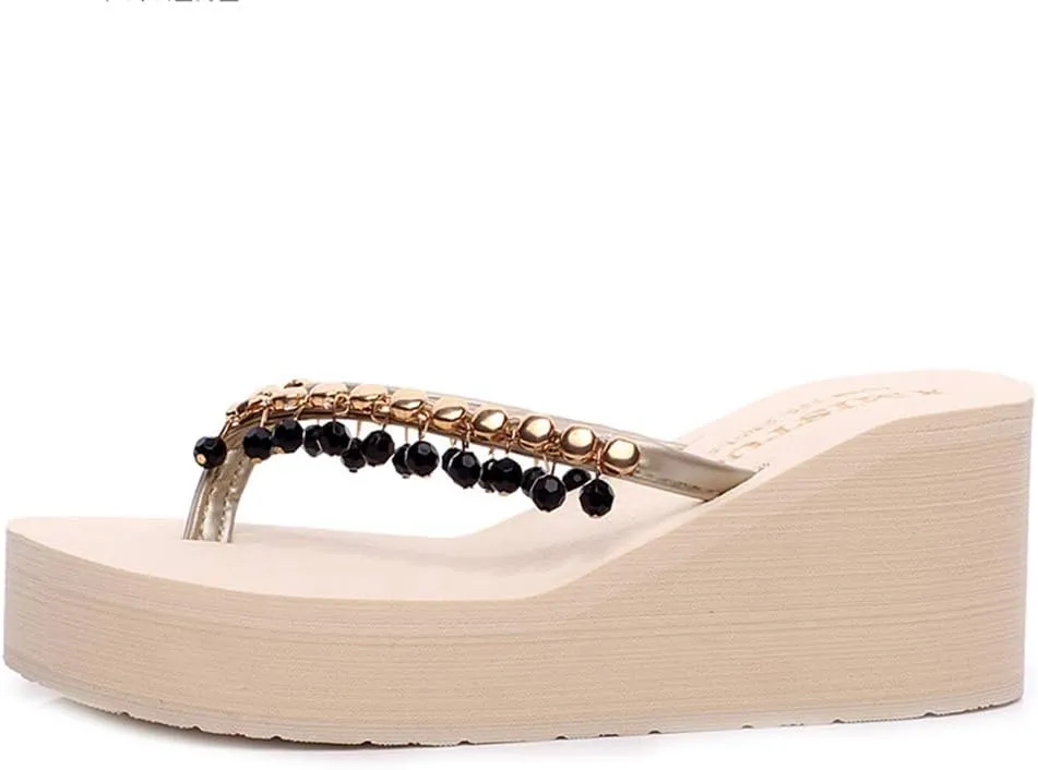 MIOKE Women's Wedge High Heel Fringe Flipflops Summer Platform Comfort Nonslip Tassel Beach Thong Sandals