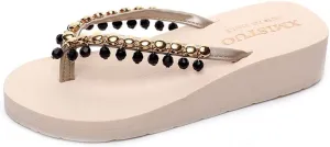 MIOKE Women's Wedge High Heel Fringe Flipflops Summer Platform Comfort Nonslip Tassel Beach Thong Sandals