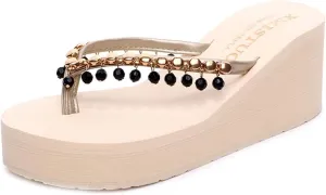 MIOKE Women's Wedge High Heel Fringe Flipflops Summer Platform Comfort Nonslip Tassel Beach Thong Sandals