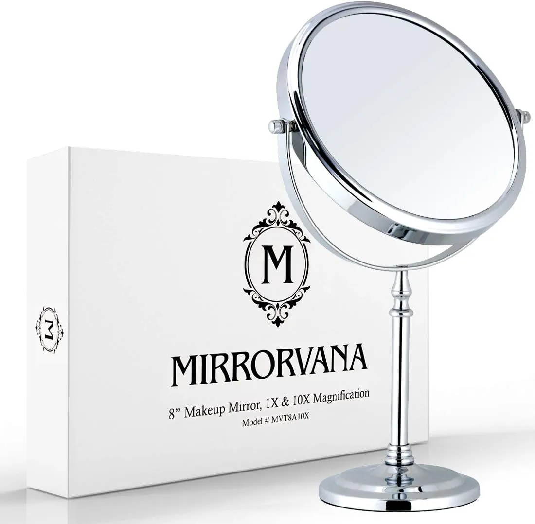MIRRORVANA Large Double Sided 10X and 1X Magnifying Makeup Mirror with Stand in Gift Box, 15” Tall and 8” Wide