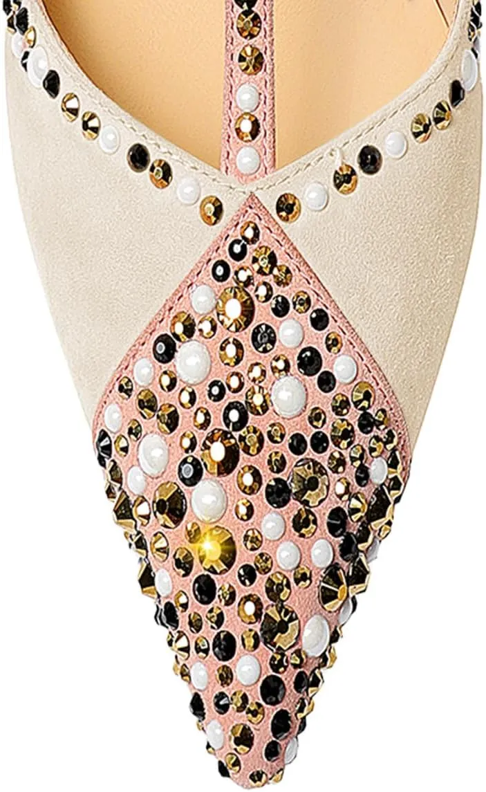 miss left Women Chic Studded Rhinestone T-Strap Pointed Toe Mules Slip on Thin High Heel Party Casual Dress Slide Sandals Size 4-16 US