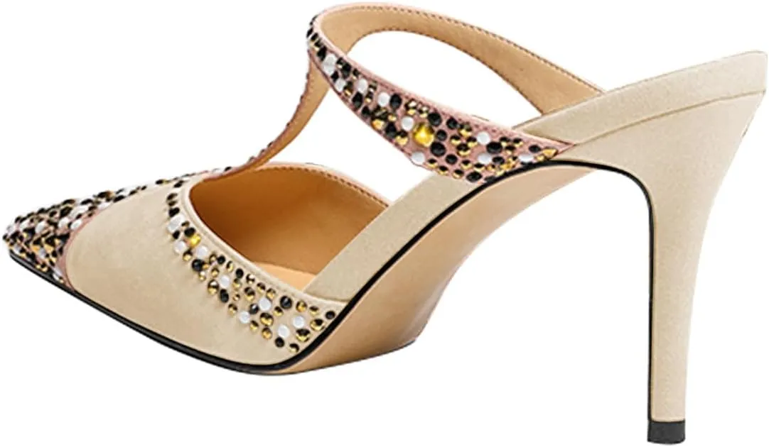 miss left Women Chic Studded Rhinestone T-Strap Pointed Toe Mules Slip on Thin High Heel Party Casual Dress Slide Sandals Size 4-16 US