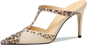 miss left Women Chic Studded Rhinestone T-Strap Pointed Toe Mules Slip on Thin High Heel Party Casual Dress Slide Sandals Size 4-16 US