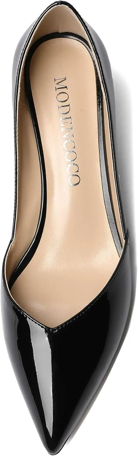 MODENCOCO Women's Patent Slip On Pointed Toe Cut Out Chunky Low Heel Pumps Shoes 2 Inch