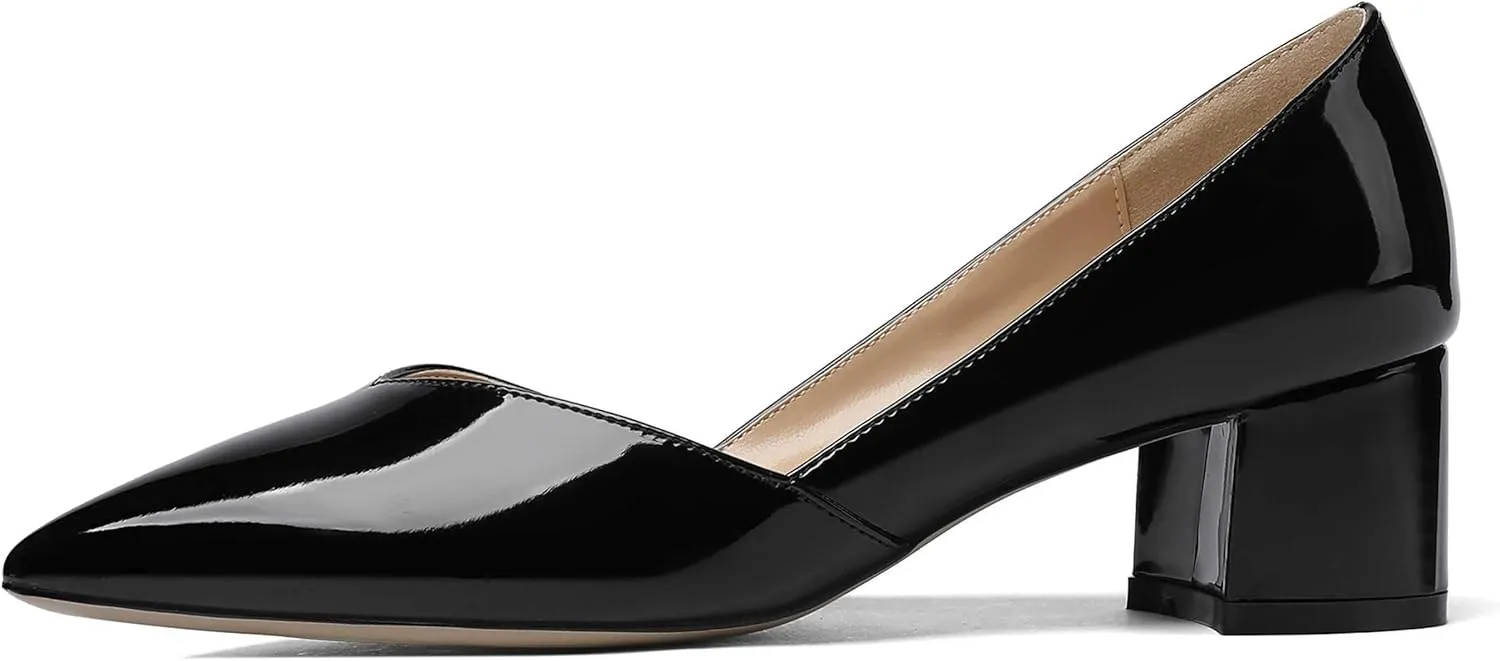 MODENCOCO Women's Patent Slip On Pointed Toe Cut Out Chunky Low Heel Pumps Shoes 2 Inch