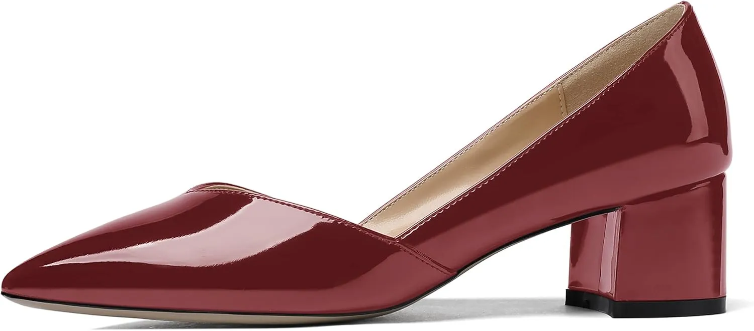 MODENCOCO Women's Patent Slip On Pointed Toe Cut Out Chunky Low Heel Pumps Shoes 2 Inch