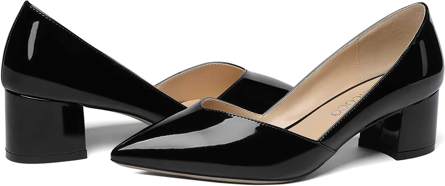 MODENCOCO Women's Patent Slip On Pointed Toe Cut Out Chunky Low Heel Pumps Shoes 2 Inch