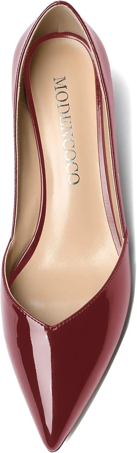 MODENCOCO Women's Patent Slip On Pointed Toe Cut Out Chunky Low Heel Pumps Shoes 2 Inch