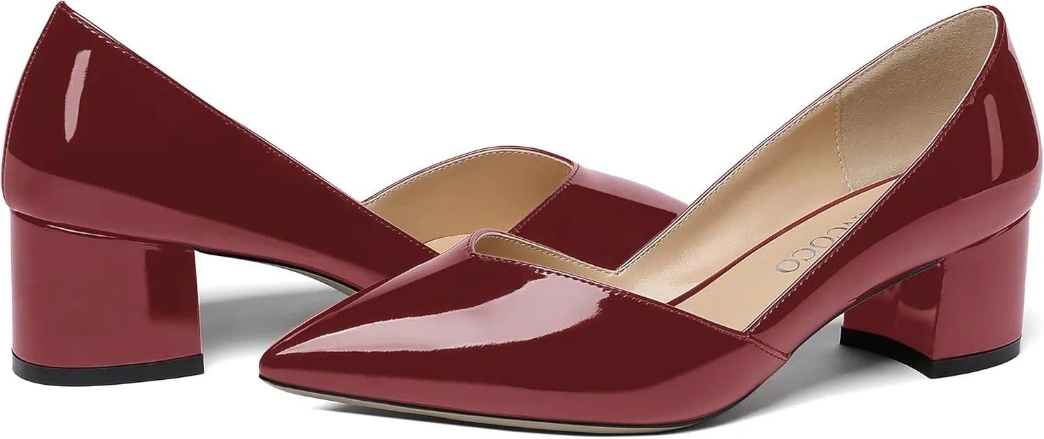 MODENCOCO Women's Patent Slip On Pointed Toe Cut Out Chunky Low Heel Pumps Shoes 2 Inch