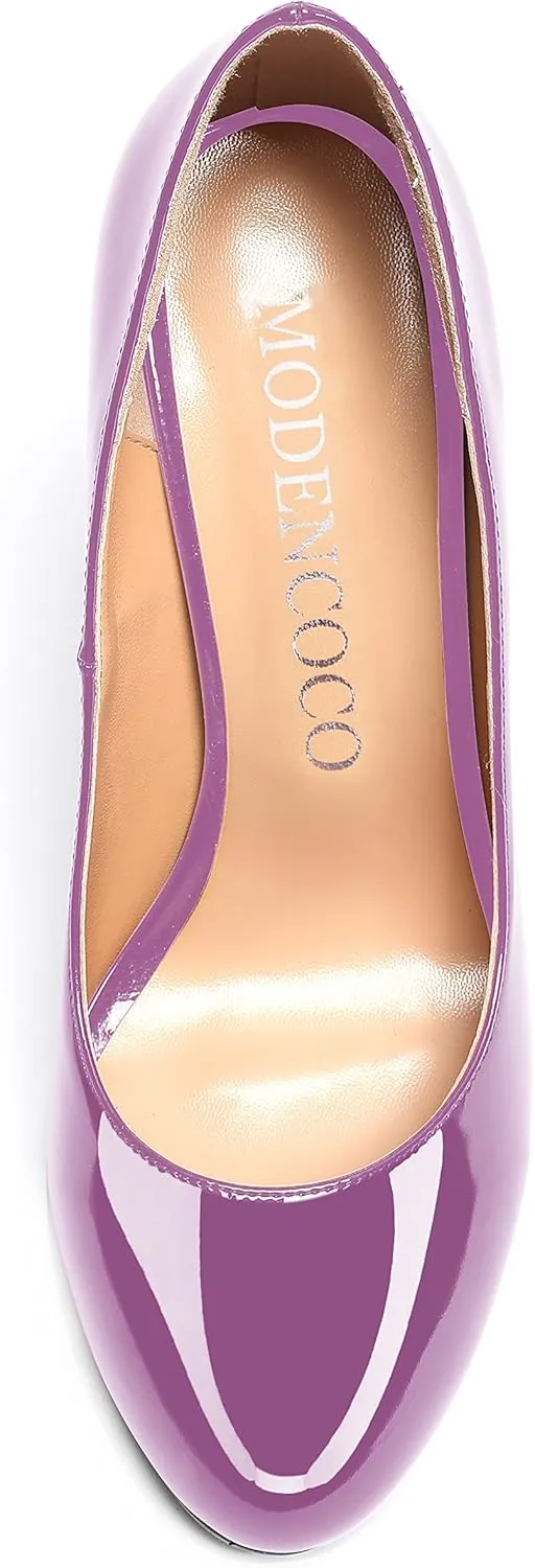 MODENCOCO Women's Slip On Patent Round Toe Stiletto High Heel Pumps Shoes 4.5 Inch