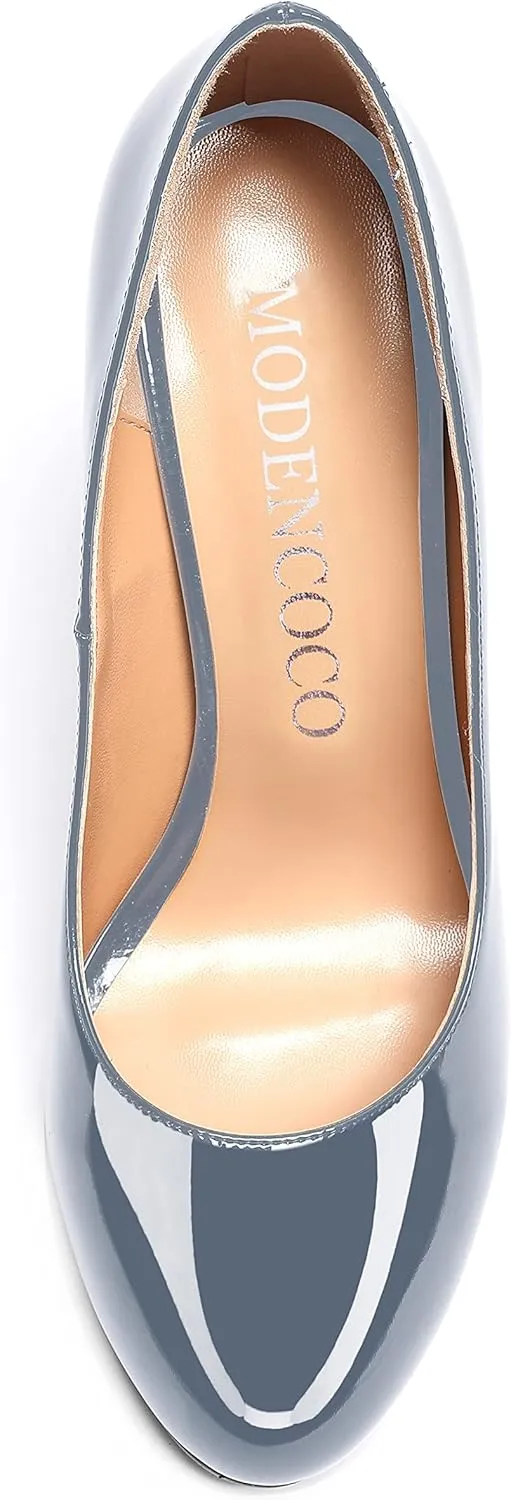 MODENCOCO Women's Slip On Round Toe Patent Solid Stiletto High Heel Pumps Shoes 4 Inch