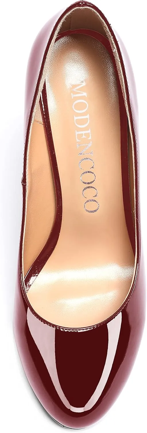 MODENCOCO Women's Slip On Round Toe Patent Solid Stiletto High Heel Pumps Shoes 4 Inch