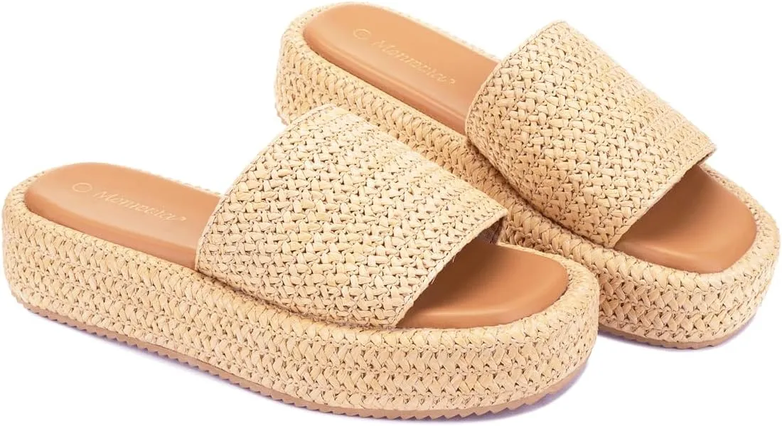 Monrovia Platform Sandals for Women, Wedge Espadrille Slides with Raffia Straw, Comfortable Brown Summer Sandals for Beach, Walking, Camping, Vacation