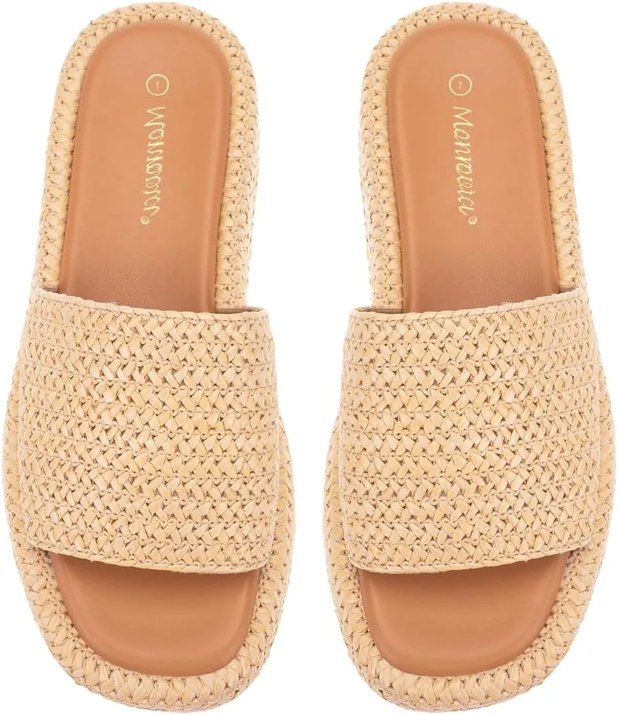 Monrovia Platform Sandals for Women, Wedge Espadrille Slides with Raffia Straw, Comfortable Brown Summer Sandals for Beach, Walking, Camping, Vacation