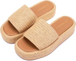 Monrovia Platform Sandals for Women, Wedge Espadrille Slides with Raffia Straw, Comfortable Brown Summer Sandals for Beach, Walking, Camping, Vacation