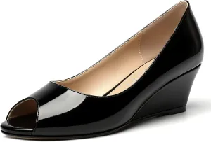 MOVINSTEPS Womens Patent Peep Toe Fashion Slip On Party Open Toe Wedge Low Heel Pumps Shoes 2 Inch