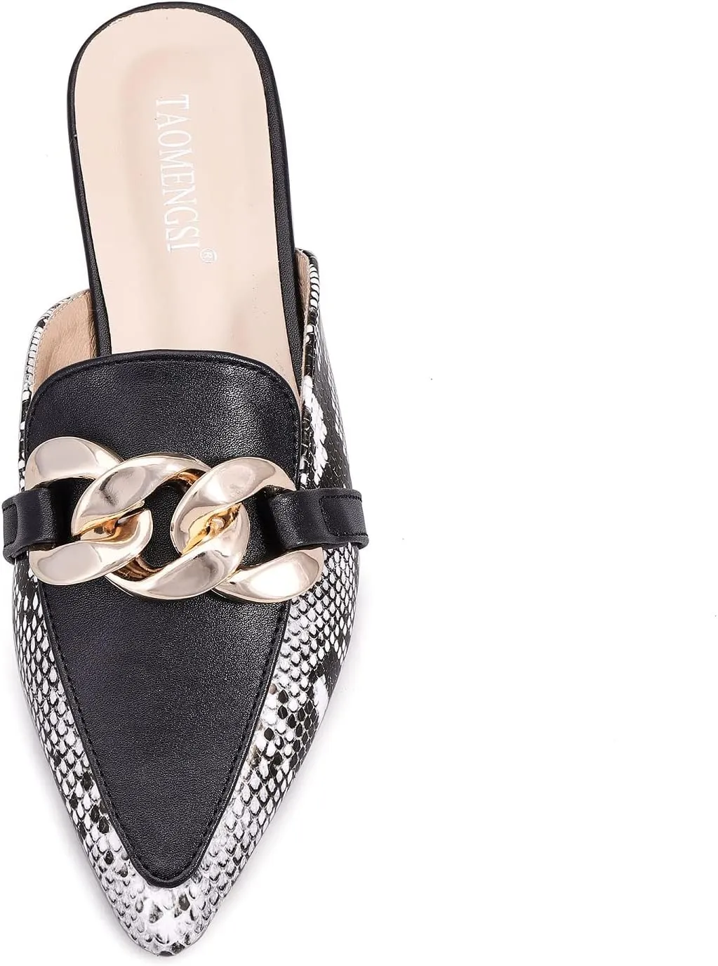 Mules for Women Chain Pointed Toe Flat Slides Mules - Slip on Comfortable Leather Women's Mule Shoe