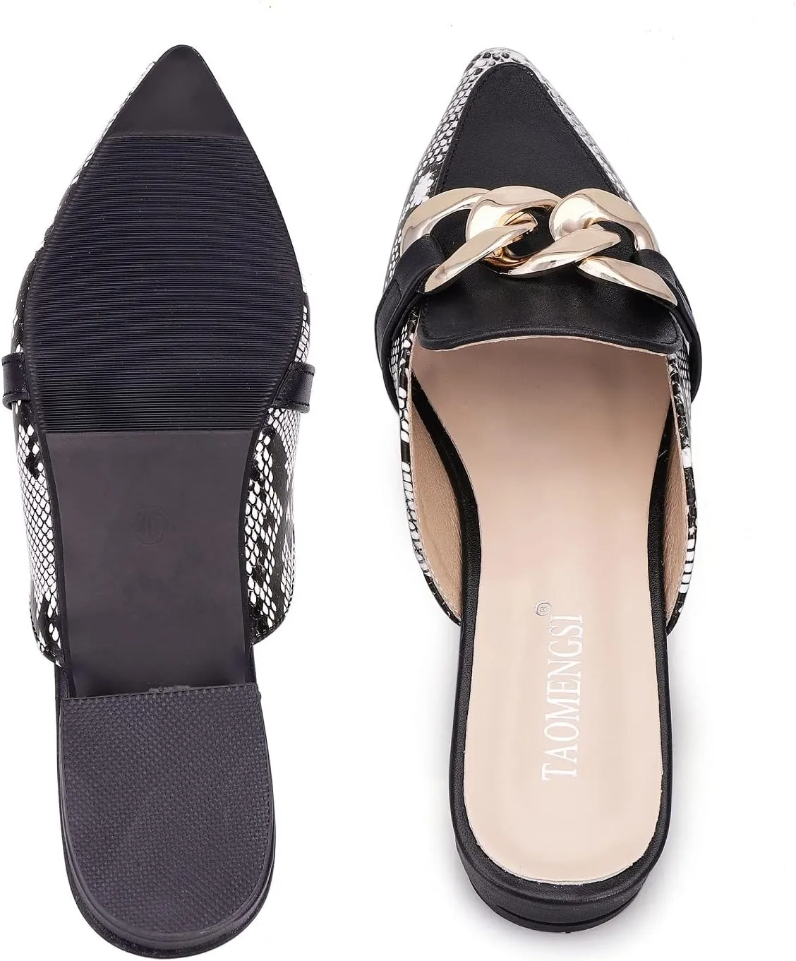 Mules for Women Chain Pointed Toe Flat Slides Mules - Slip on Comfortable Leather Women's Mule Shoe